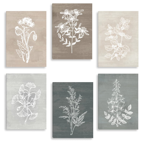 BINCUE Neutral Botanical Plant Canvas 6 Pieces Rustic Farmhouse Wall Art for Living Room Bedroom and Bathroom,Canvas Paintings Print Set Decor 12"x 16" BINCUE