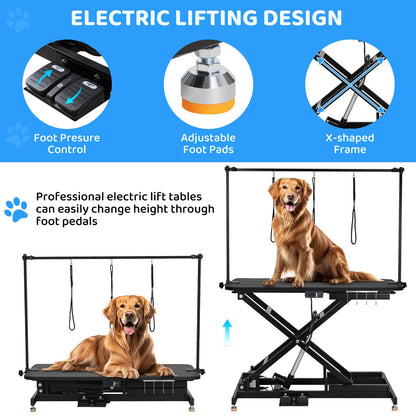 MAMIZO 50'' Electric Dog Grooming Table, Professional Heavy Duty Pet Hydraulic Grooming Table w/Overhead Arm, 3 Noose & Multi-hole Socket, Height Adjustable Grooming Station For Large Dogs, BLACK