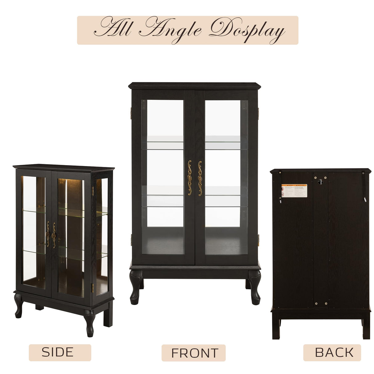 Lighted Curio Cabinet, 44" H Glass Display Case with Adjustable Glass Shelves, Vintage China Cabinet with Mirrored Back Panel & 3-Tier Shelves, Blub Included, Rack for Living Room (Black) CKEASEAN