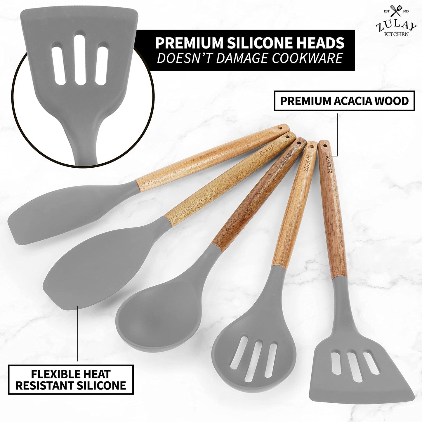 Zulay Kitchen Utensils Set Non-Stick Silicone Cooking Utensils Set with Authentic Acacia Wood Handles - 5 Piece Silicone Utensil Set - Silicone Kitchen Utensils Set with 464°F Heat Resistance - Gray