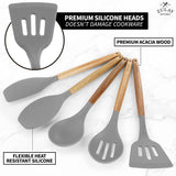 Zulay Kitchen Utensils Set Non-Stick Silicone Cooking Utensils Set with Authentic Acacia Wood Handles - 5 Piece Silicone Utensil Set - Silicone Kitchen Utensils Set with 464°F Heat Resistance - Gray Zulay Kitchen