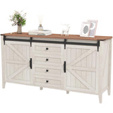 GlouMod 60 Inch Farmhouse 4 Drawers Dresser for Bedroom with Sliding Barn Doors, Natural Texture Wood Rustic Chest of Drawers for Living Room Bedroom Hallway Neoclassical White GlouMod
