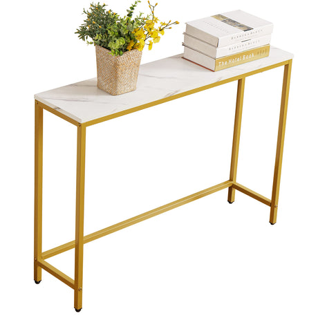 loglus Console Table for Entryway, Faux Marble MDF Sofa Table with Golden Frame (Single Layer, White Marble) loglus