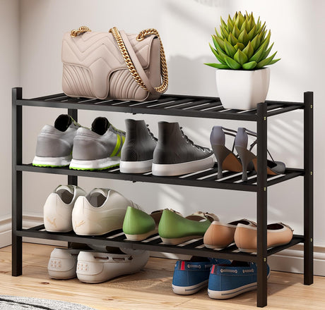 3-Tier Black Bamboo Shoe Rack for Entryway, Stackable | Foldable | Natural, Shoe Shelf Storage Organizer for Hallway Closet, Free Standing Shoe Racks for Indoor Outdoor viewcare