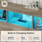 DICTAC Farmhouse Twin Bed Frame with Storage Headboard, Charging Station and Ottoman Twin Size Metal Platform Beds with Led Lights,twin Bed Frame with Metal Slats Support,No Box Spring Needed,Oak Gray DICTAC