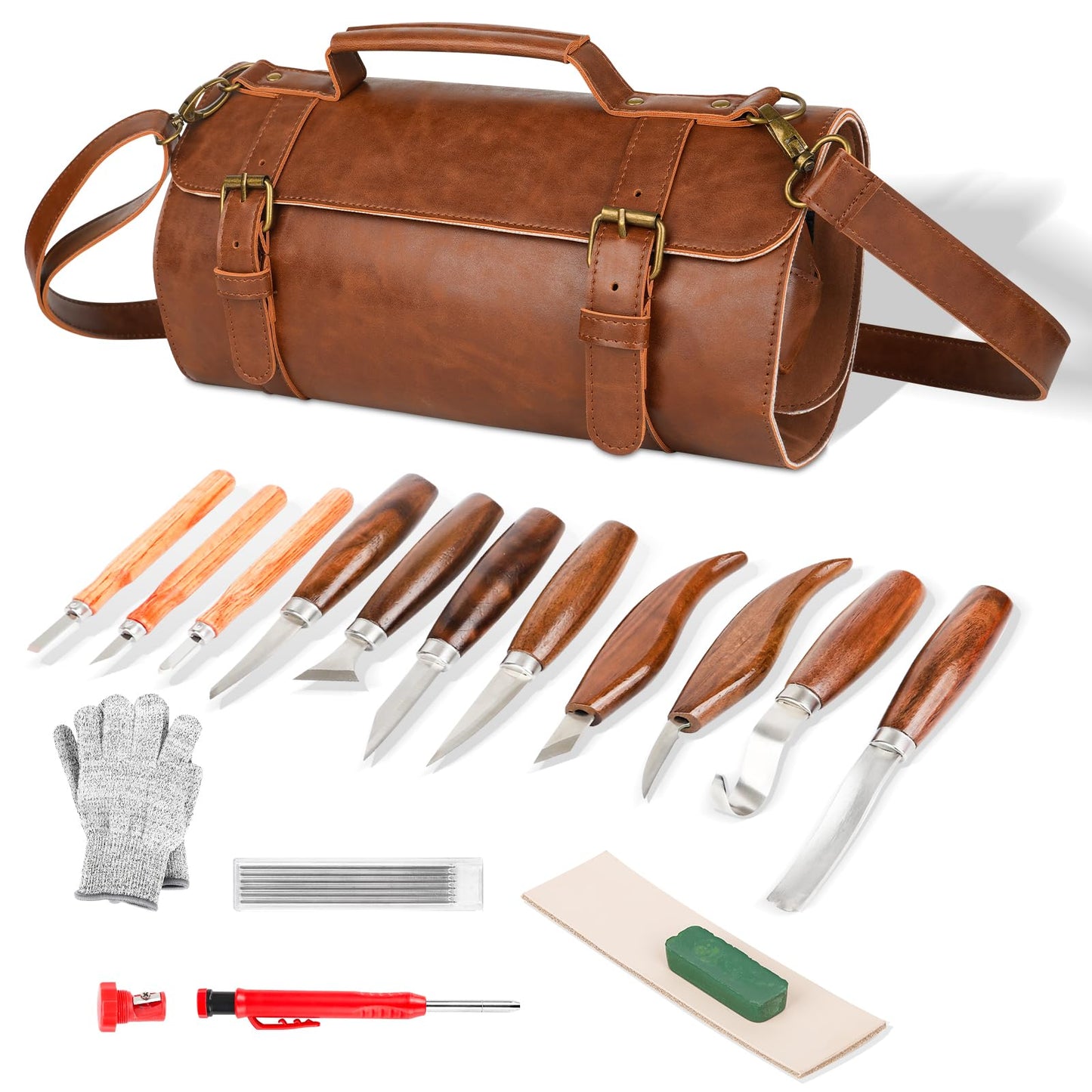 Wood Carving Tools Sets Deluxe Wood Carving Kit Wooden Carving Knife Wood working Carving Knife Tools Set with Large Leather Case For Beginner and Carpenter Experts - WoodArtSupply