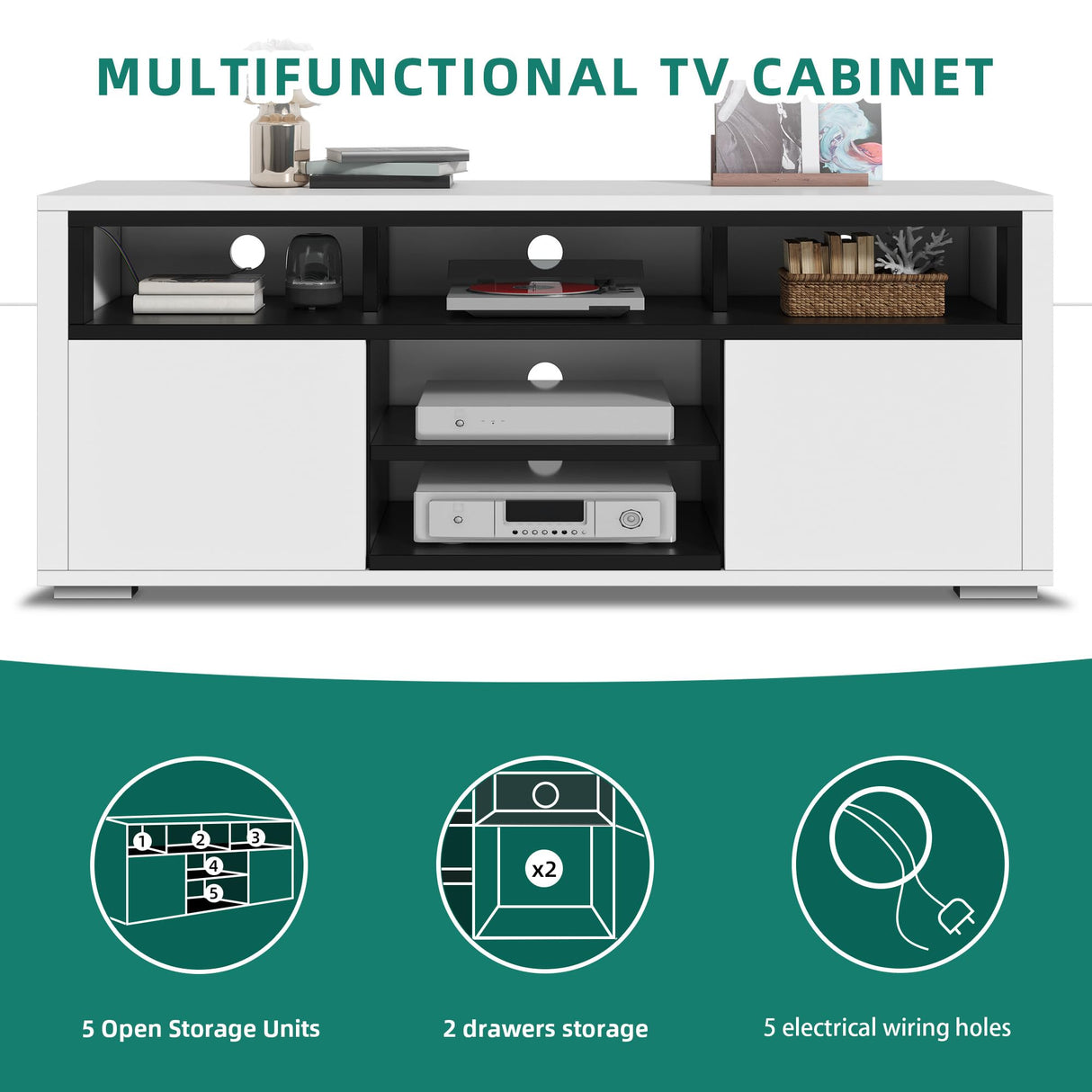 YITAHOME TV Stand for 55 inch TV, White Modern Entertainment Center with Storage, LED TV Stands for Living Room, High Glossy TV Console Cabinet, White & Black YITAHOME