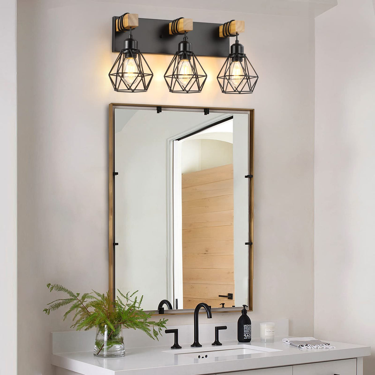 Farmhouse Bathroom Vanity Light Fixtures, 3-Light Wood Bathroom Light Fixtures Over Mirror, Rustic Sconces Wall Lighting with Elegant Metal Lampshade for Living Room, Bedroom, Hallway maesta