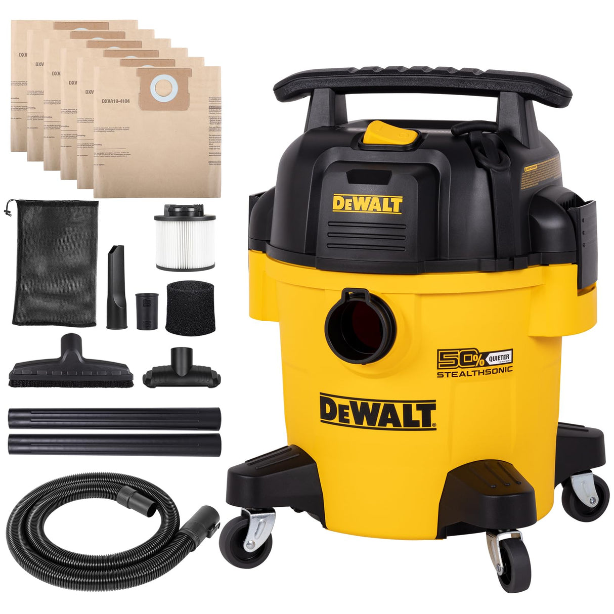 DEWALT Stealthsonic Shop Vacuum Wet and Dry, 5 Gal 4 HP Ultra-Quiet Vacuum Cleaner with Complete Accessory Kit and 6 Bonus Dust Bages - Ideal for Home, Jobsite, Workshop, Garage, Car DXV05P-QTA DEWALT