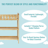 Dream On Me Emily Changing Table In Natural, Comes With 1" Changing Pad, Features Two Shelves, Portable Changing Station, Made Of Sustainable New Zealand Pinewood Dream On Me
