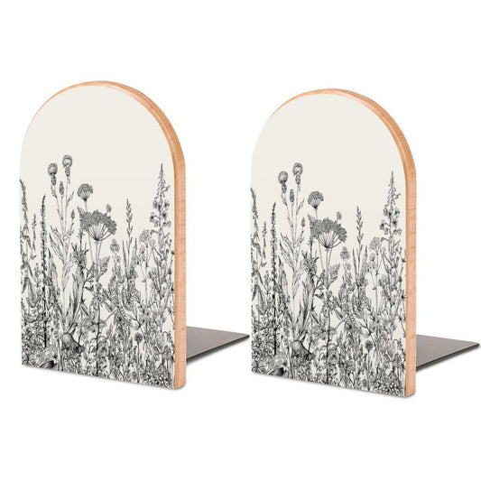 DEHOZO 2 Pack Wood Bookends, Vintage Spring Flowers Herb Non-Skid Book Ends for Heave Books, Decorative Bookends for Shelves Desk, Book Stoppers Book Holders for Home Office Library School