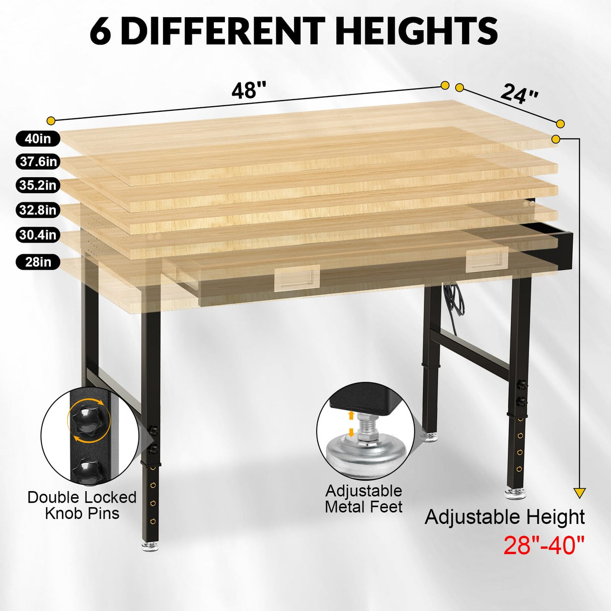 48" Workbench with Drawers, Adjustable Height Work Bench 2000 LBS Heavy-Duty Work Table Rubber Wood Work Station with Power Outlet & Pegboard for Garage, Office, Workshop, Home, Party Shop WoodArtSupply