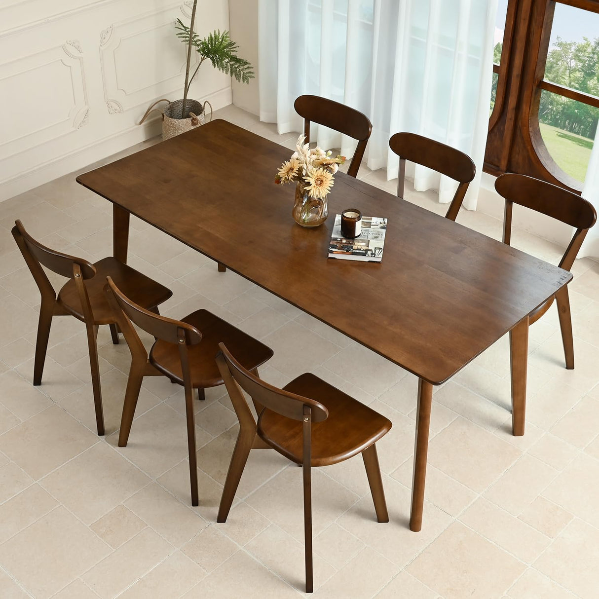 DELAVIN 62.9" Solid Wood Dining Room Table Set for 6 People, Mid Century Kitchen Table with 6 Oak Wood Chairs for Home, Apartment, Modern Dining Table and Chairs Set for Whole Family, Walnut DELAVIN