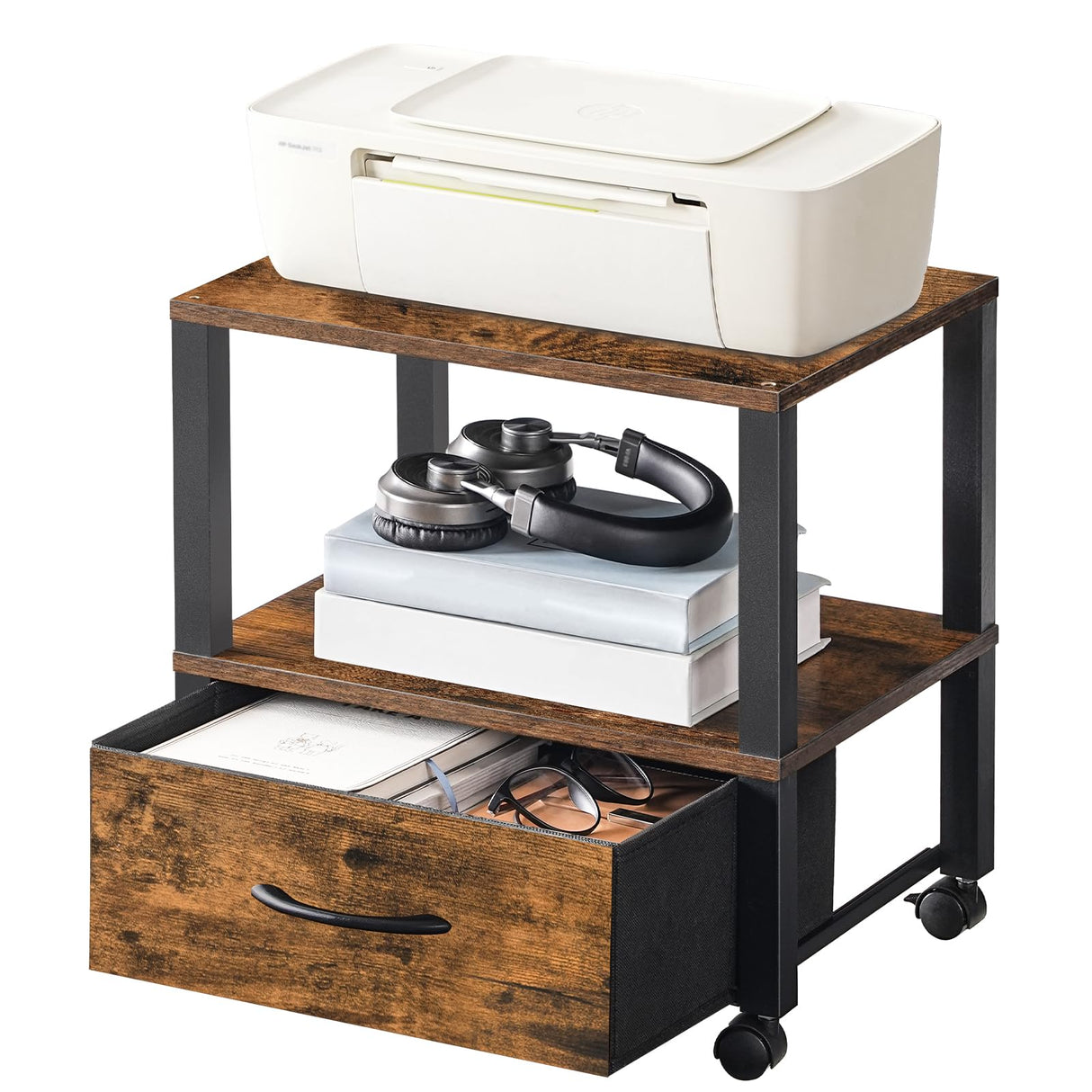 HOOBRO Printer Stand, Printer Stand with Storage, Under Desk Printer Table, Printer Cart with Drawer and Shelves, Rolling Small Printer Stand on Wheels, for Office, Rustic Brown and Black BF39PS01 HOOBRO