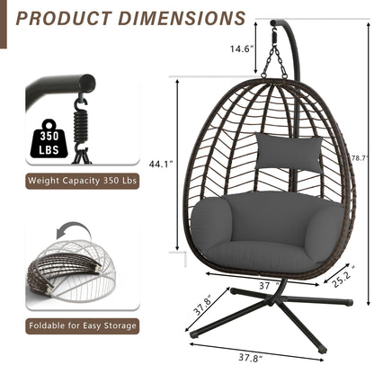 ASJMR Egg Swing Chair Outdoor Indoor Wicker Rattan Hanging Chair with Stand 350lbs Capacity w/Strong Frame & Grey Cushions for Patio Balcony Bedroom