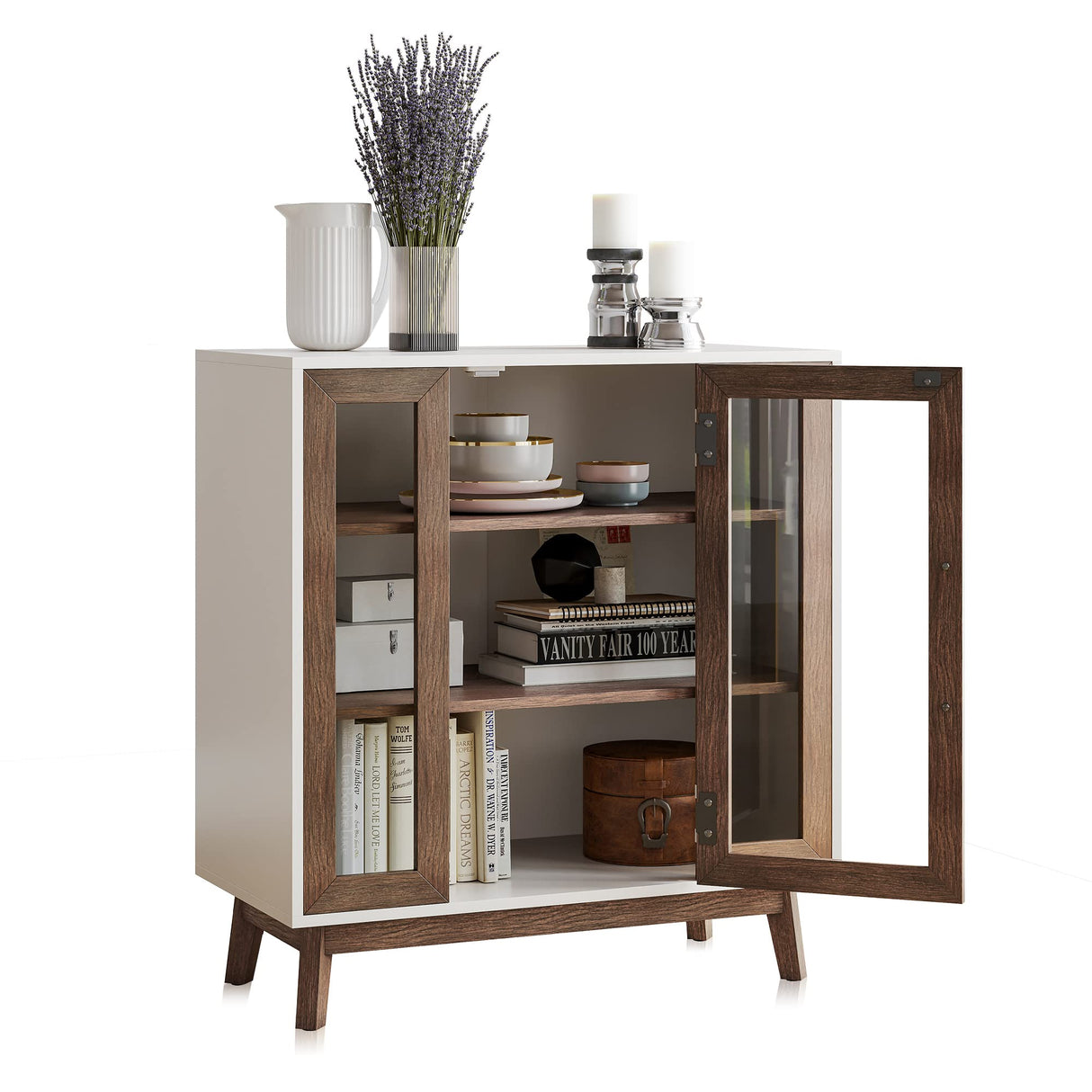 BELLEZE Sideboard Buffet Cabinet, Modern Curio Cabinet 3-Tiers Console Table for Kitchen Glass Display Cabinet Storage/Pantry Cabinet Coffee Bar for Living Room Bedroom Entryway, Brown BELLEZE