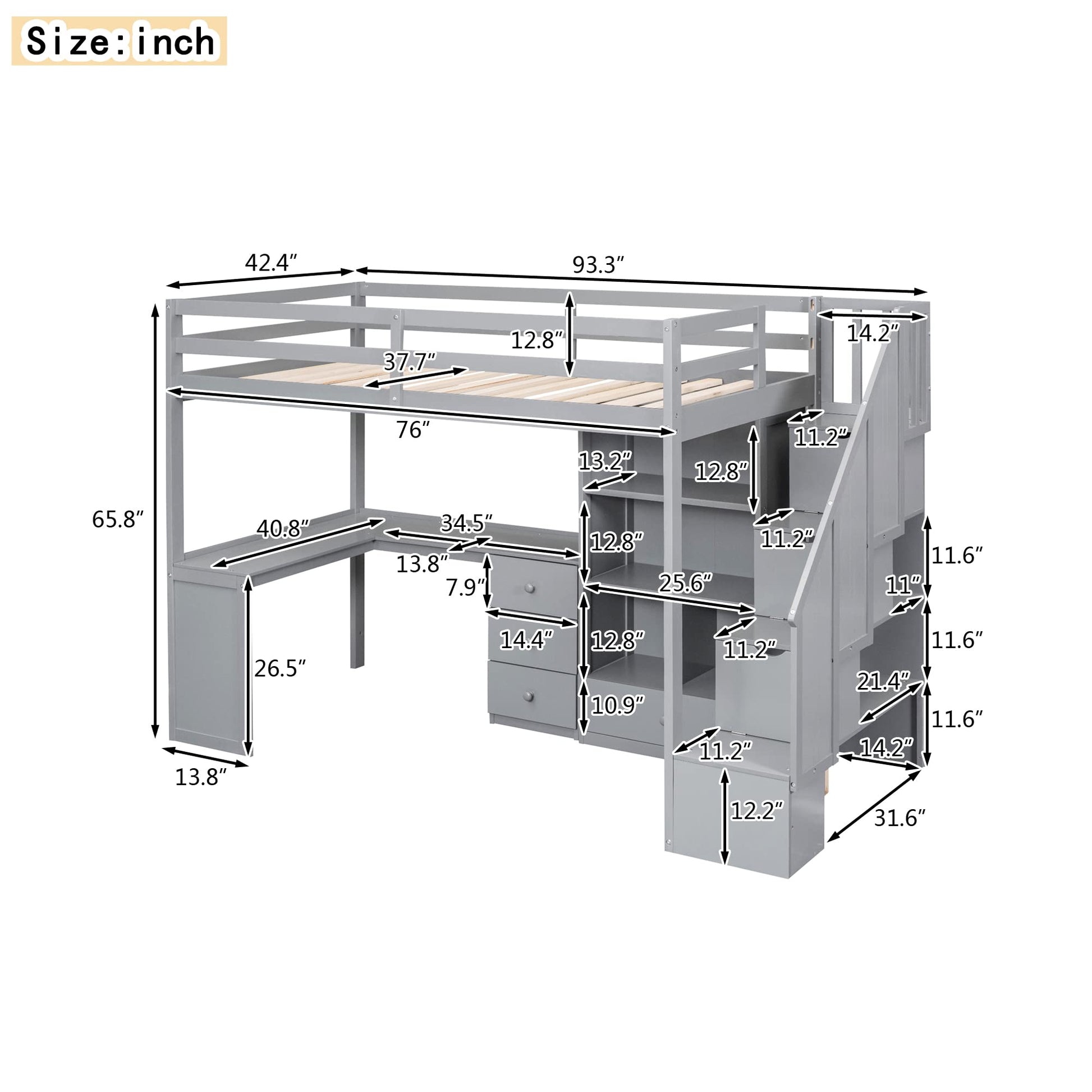 Twin Size Loft Bed with Desk, Stairs and Storage by Harper & Bright Designs - Solid Wood Frame in Grey - WoodArtSupply