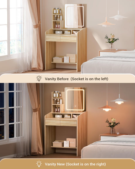 LIVELYGLOW Small Vanity Desk Set with Square Mirror and Light- Vanity Desk with Drawers- Wood LIVELYGLOW