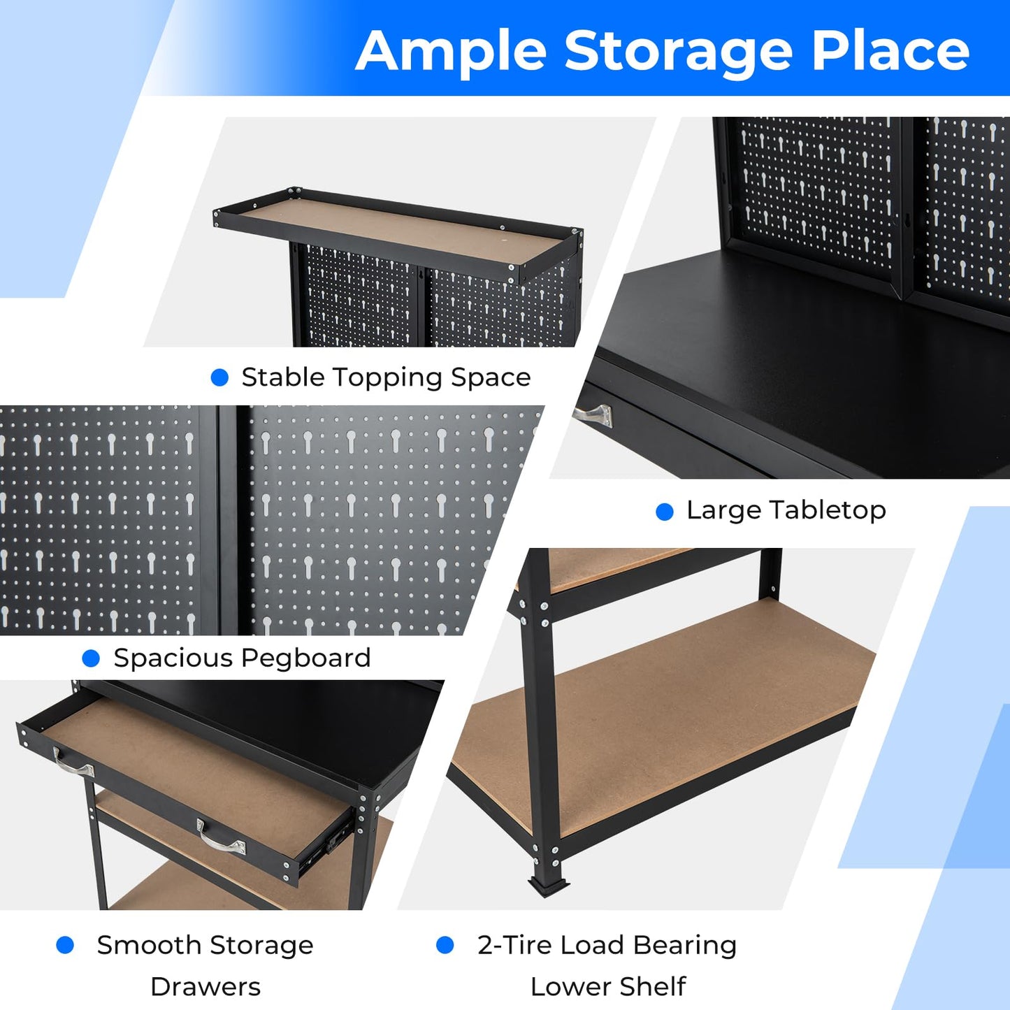 Goplus Workbench with Pegboard, 32" x 16" Multi-use Workbench with 2 Tires of Shelves, Topping Space, Drawer, Robust Metal Frame, Heavy-Duty Work Table Tool Storage Bench for Workshop Garage - WoodArtSupply