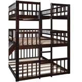 Triple Bunk Beds with Slide ，Wooden Bunk beds Full Over Full Over Full ，Floor Triple Bunk Bed with Ladder & Guardrails for kids /Teens/Adults,Can be Convertible to 3 Beds ,Espresso Harper & Bright Designs