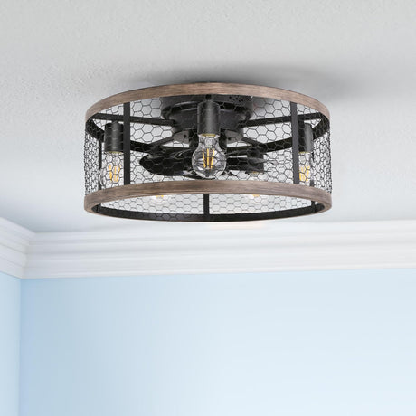 Ohniyou 20'' Flush Mount Caged Ceiling Fan with Lights Remote Control, Farmhouse Rustic Low Profile Small Vintage Enclosed Ceiling Fan Lighting Fixture Bedroom Dining Room Ohniyou