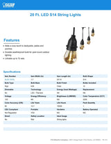 Feit Electric LED String Lights, 20ft Commercial Grade and Shatter Resistant String Lights with 10 Outdoor Sockets, Linkable, 15,000-Hour Lifetime, Wet Rated, SL20-10/FIL, 12 Bulbs Included Feit Electric