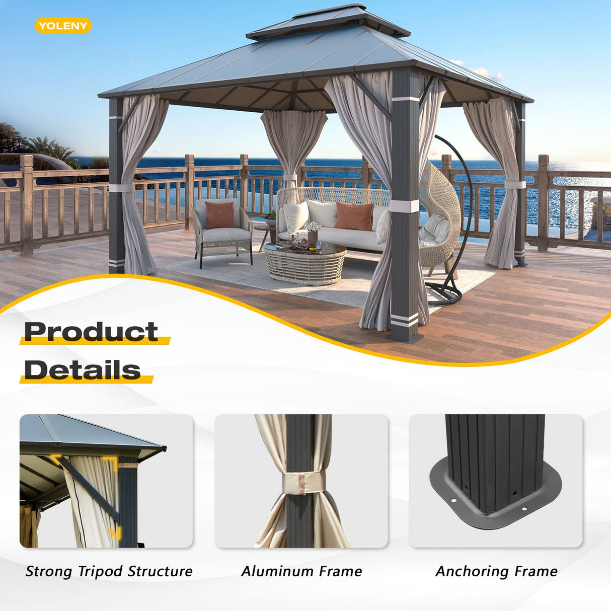 YOLENY 12' x 14' Hardtop Gazebo, Permanent Outdoor Aluminum Patio Gazebo with Aluminum Composite Double Roof for Patio Lawn and Garden, Curtains and Netting Included YOLENY
