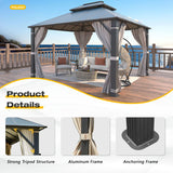 YOLENY 12' x 14' Hardtop Gazebo, Permanent Outdoor Aluminum Patio Gazebo with Aluminum Composite Double Roof for Patio Lawn and Garden, Curtains and Netting Included YOLENY