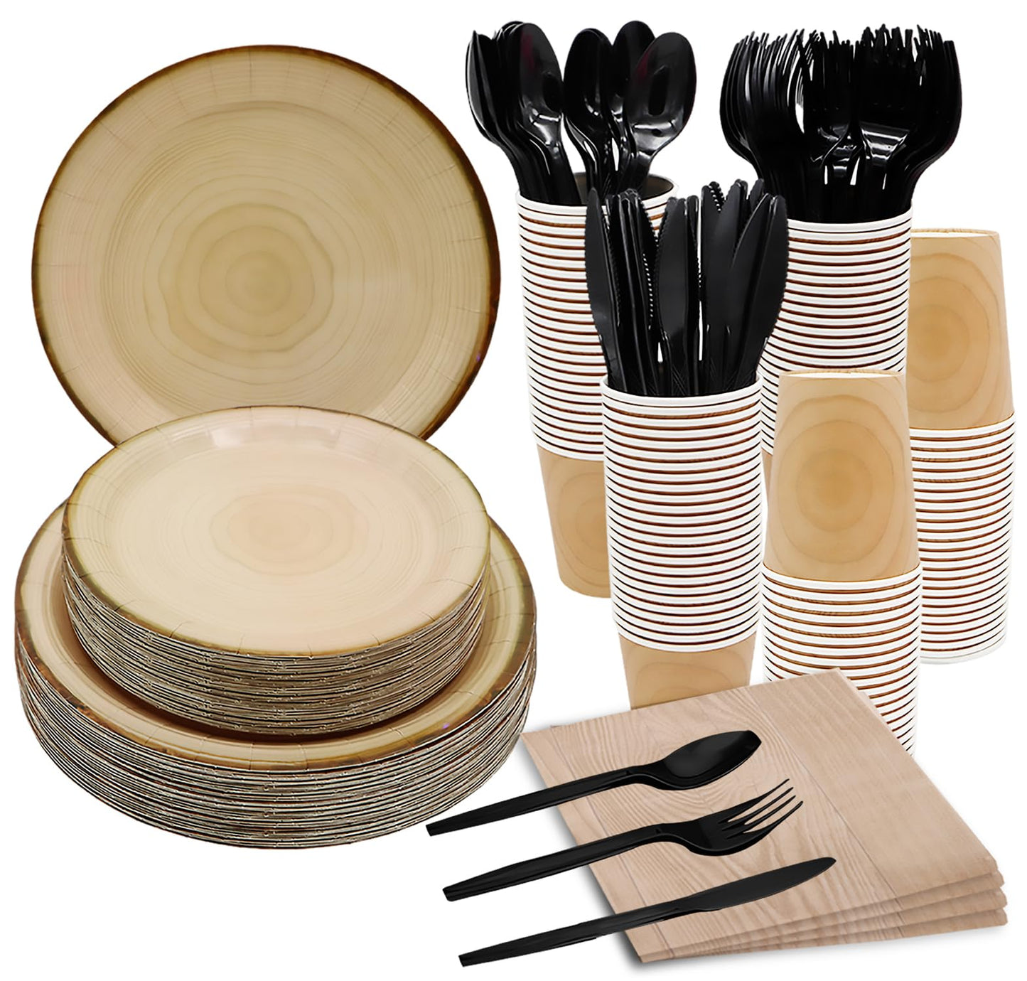 175Pcs Wood Grain Party Supplies Rustic Wood Slice Party Set 9"& 7"Wood Plates Napkins Cup Knives Forks Spoons for Camp Fire Camping Woodland Animal Lumberjack Baby Shower Birthday Party Decor Serve25