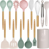 Silicone Cooking Utensils Set - 446°F Heat Resistant Silicone Kitchen Utensils for Cooking,Kitchen Utensil Spatula Set w Wooden Handles and Holder, BPA FREE Gadgets for Non-Stick Cookware (Colorful) oannao