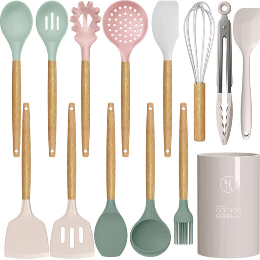 Silicone Cooking Utensils Set - 446°F Heat Resistant Silicone Kitchen Utensils for Cooking,Kitchen Utensil Spatula Set w Wooden Handles and Holder, BPA FREE Gadgets for Non-Stick Cookware (Colorful)