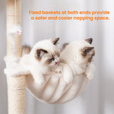 Hebly Wood Cat Tree for Indoor Cats, Cat Condo for Large Cats with Self Groomer,Modern Cat Scratching Tower with Basket,Hammock,Dangling Ball and Leaves,Rustic Gray HCT120SG Heybly