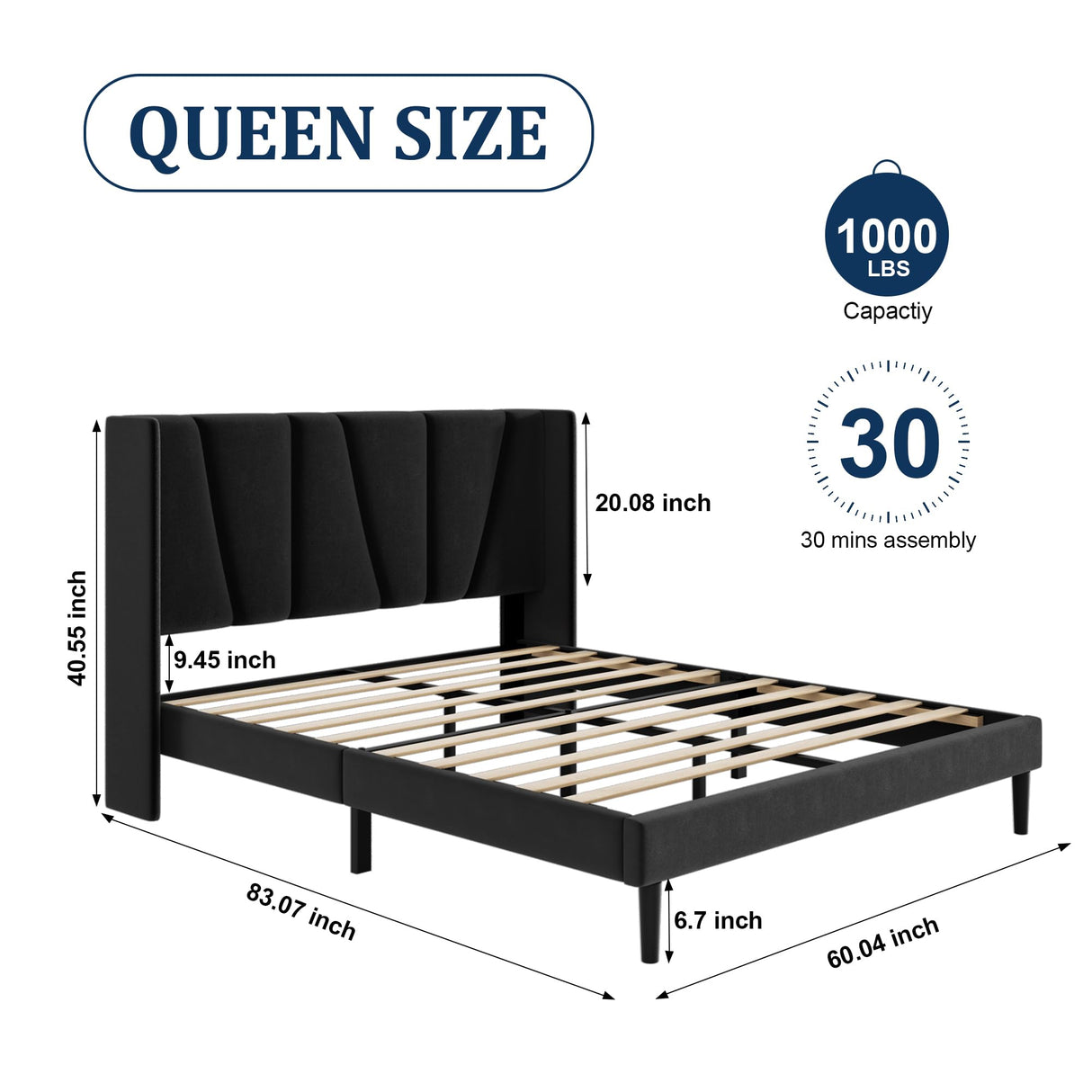 Queen Bed Frame with Headboard and Wingback, Velvet Upholstered Platform Bed, Mattress Foundation with Wooden Slat Support, No Box Spring Needed, Easy Assembly, Noise Free, Black Sismplly