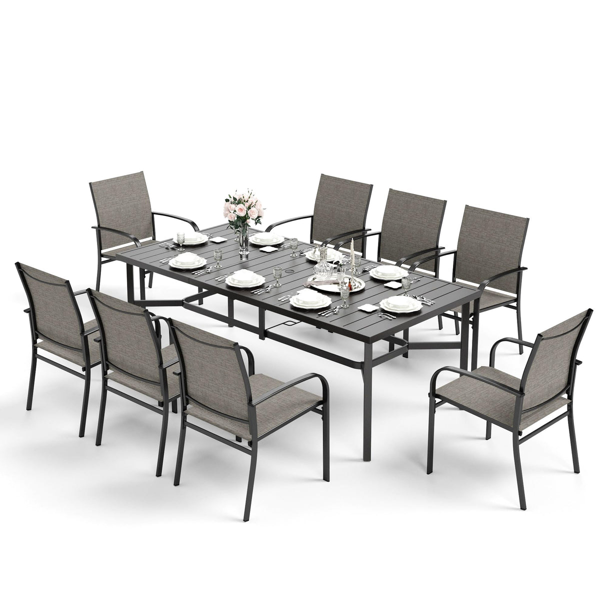 HERA'S HOUSE 9 Pieces Patio Dining Set, 8 x Brown Textilene Patio Chairs and 1 x 83 Large Rectangle Dining Table, Outdoor Furniture Set for Deck Garden Backyard Lawn Poolside HERA'S HOUSE