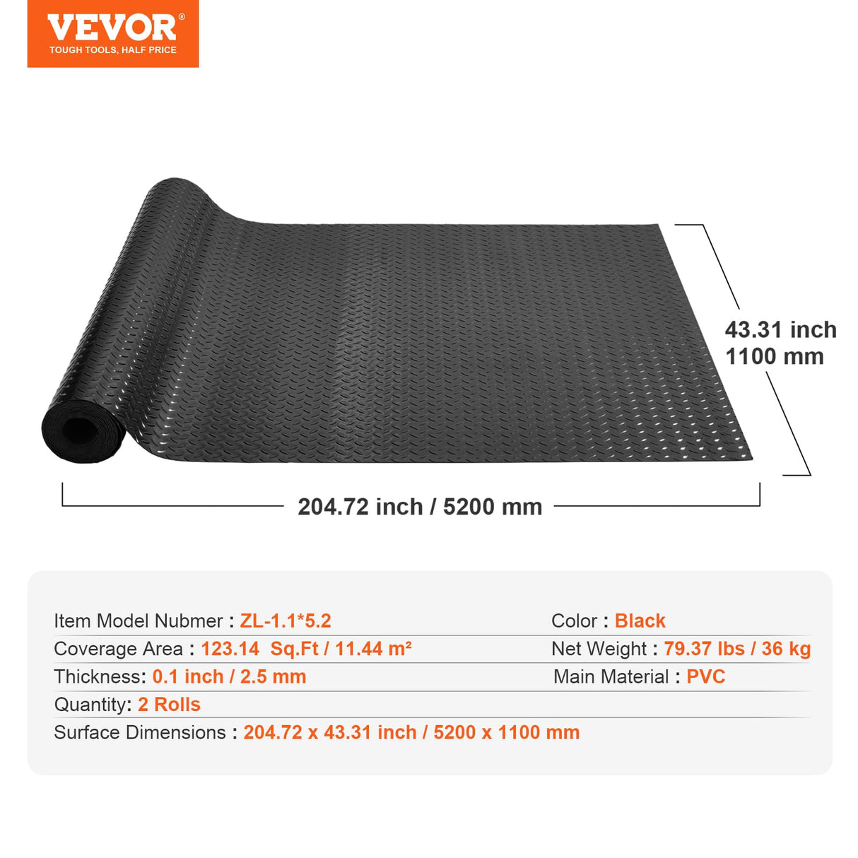 VEVOR Garage Floor Mats, 2 Rolls x 17 x 3.6 Ft PVC Garage Flooring Roll, Non-Slip Diamond Texture, 123.14 sq.ft Covering Space, Black Garage Mats for Under Cars, Garage Industry Gym VEVOR