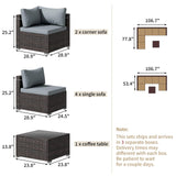 Tradare 5 Pieces Outdoor Patio Furniture Set, Wicker Patio Conversation Sectional Sofa Set, All Weather PE Rattan Sofa with Glass Table and Grey Cushions Tradare