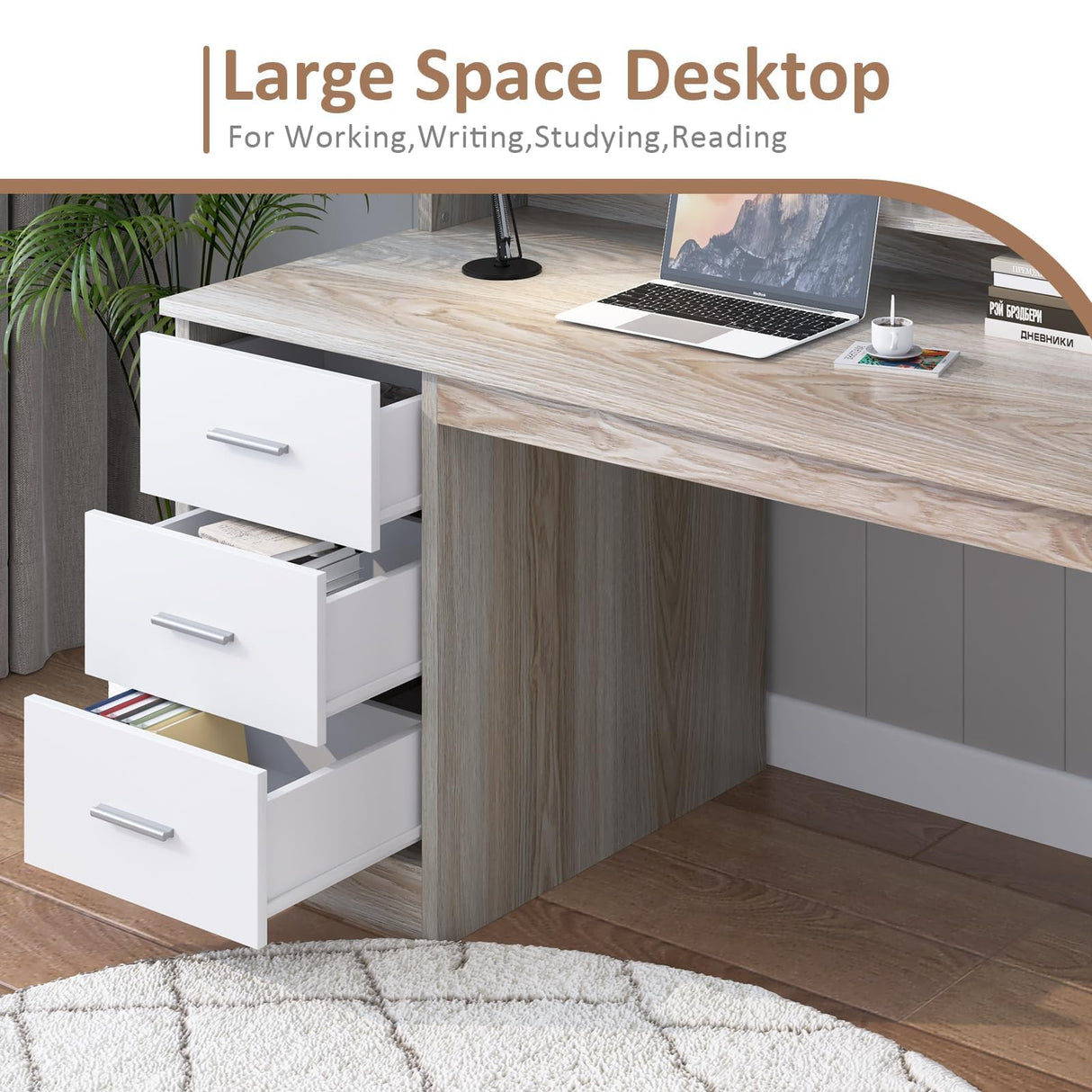 MaverickFurni Walnut and White Desk with 3 Drawers, Small Desk with Storage, Study Desk with Hutch, Kids Desk with Drawers, Wooden Computer Desk for Bedroom MaverickFurni