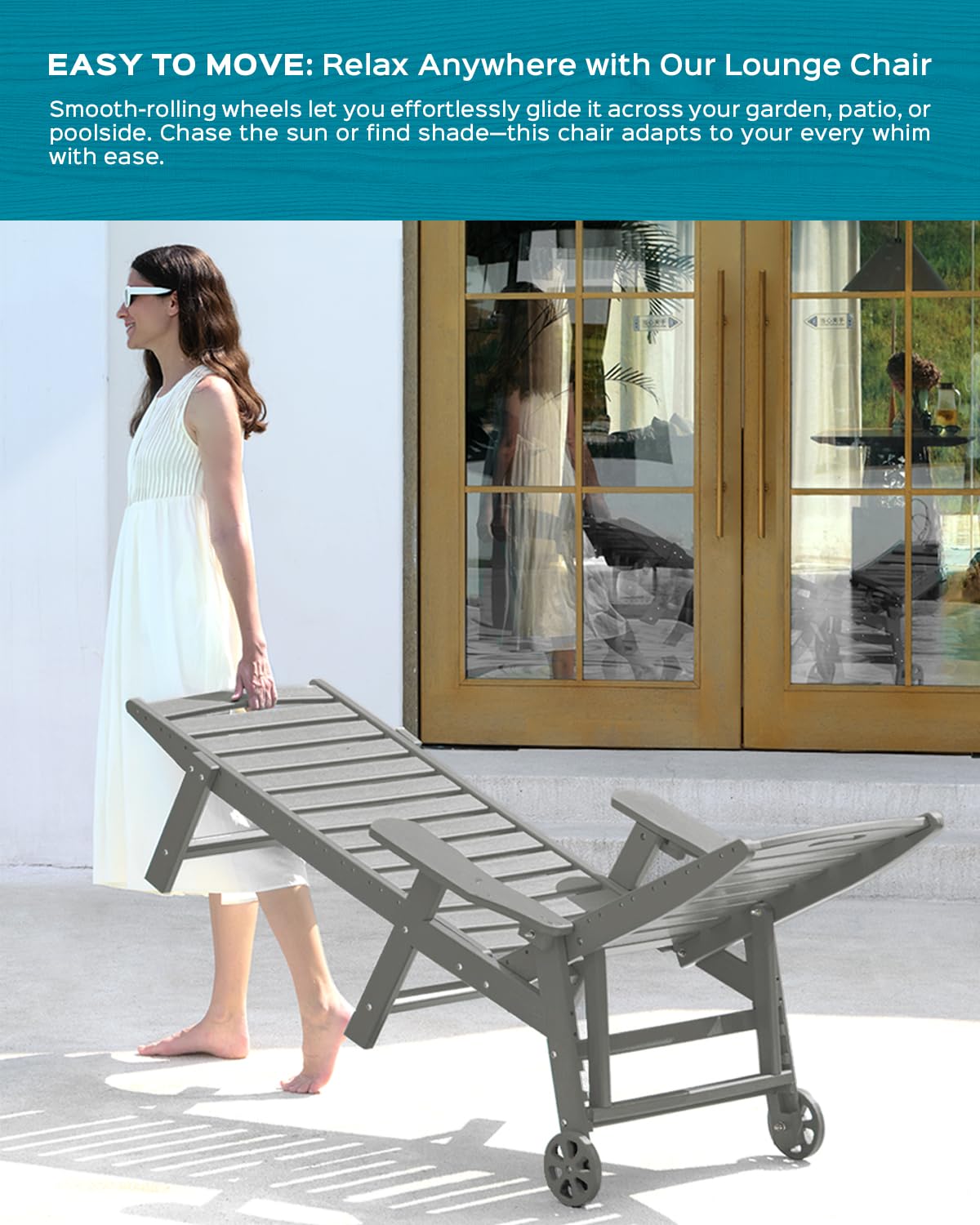 Lounge Chair Outdoor, Oversized Chaise Lounge Chair with 5 Positions, HDPE, Patio Lounge Chair with Wheels & Cup Holder for Pool, Deck, Poolside, Grey Ciokea