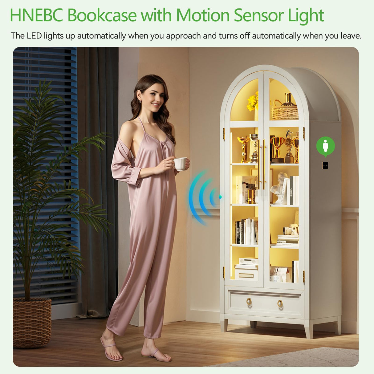 HNEBC Book Shelf with LED Lights, Arched Display Case with Storage Cabinet, Smart Pantry Cabinet with Glass Door, Bookcase, Toy Organizer with Solid Wood Legs for Livng Room/Bedroom Furnniture-White HNEBC