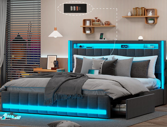 Dnxao Dark Gray Upholstered Queen Bed Frame with Storage Drawers, RGB LED Lights, and Adjustable Headboard - WoodArtSupply