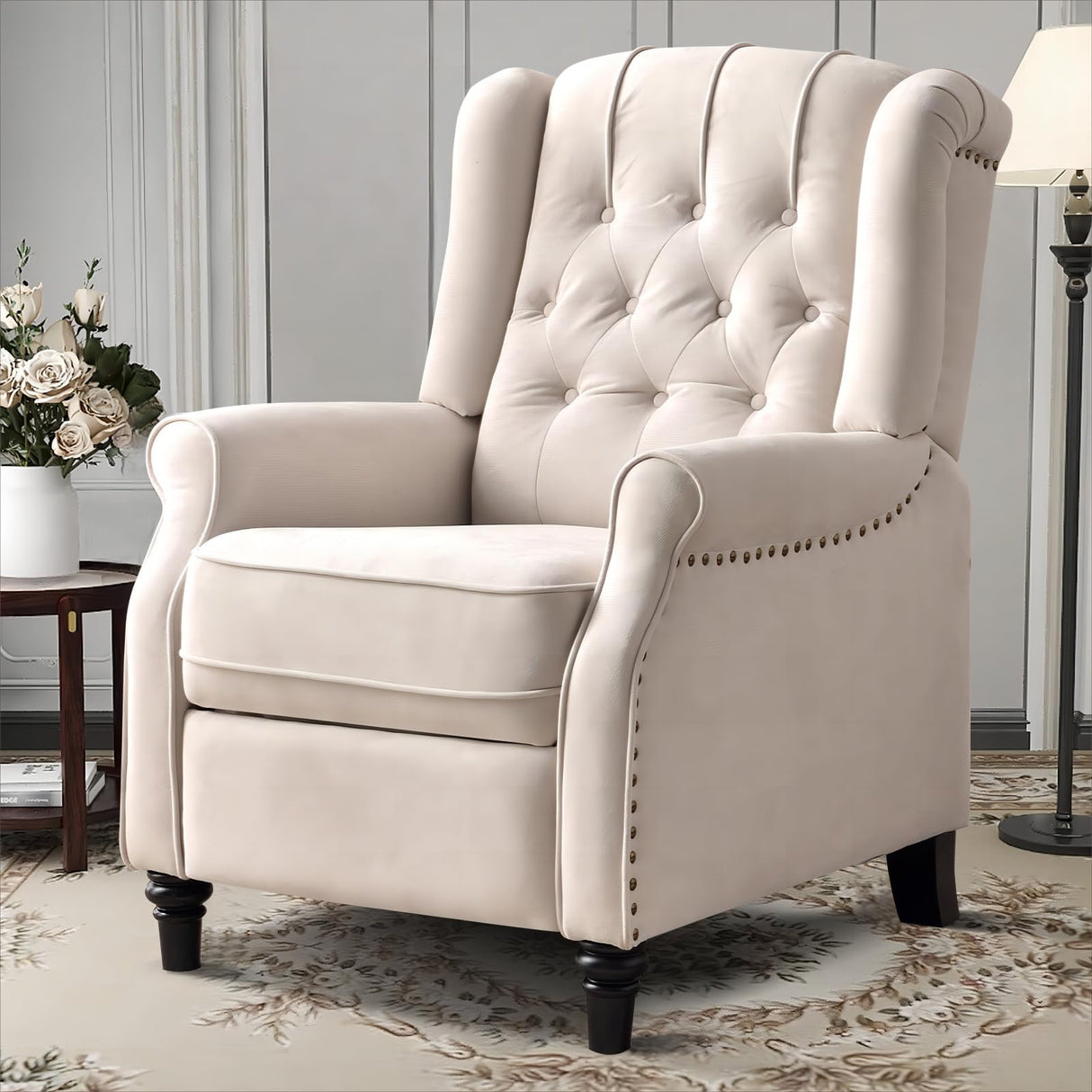 EBELLO Pushback Recliner Chair, Fabric Armchair Push Back Recliner with Rivet Decoration, Mid Century Wingback Accent Chair for Living Room, Bedroom, Beige EBELLO