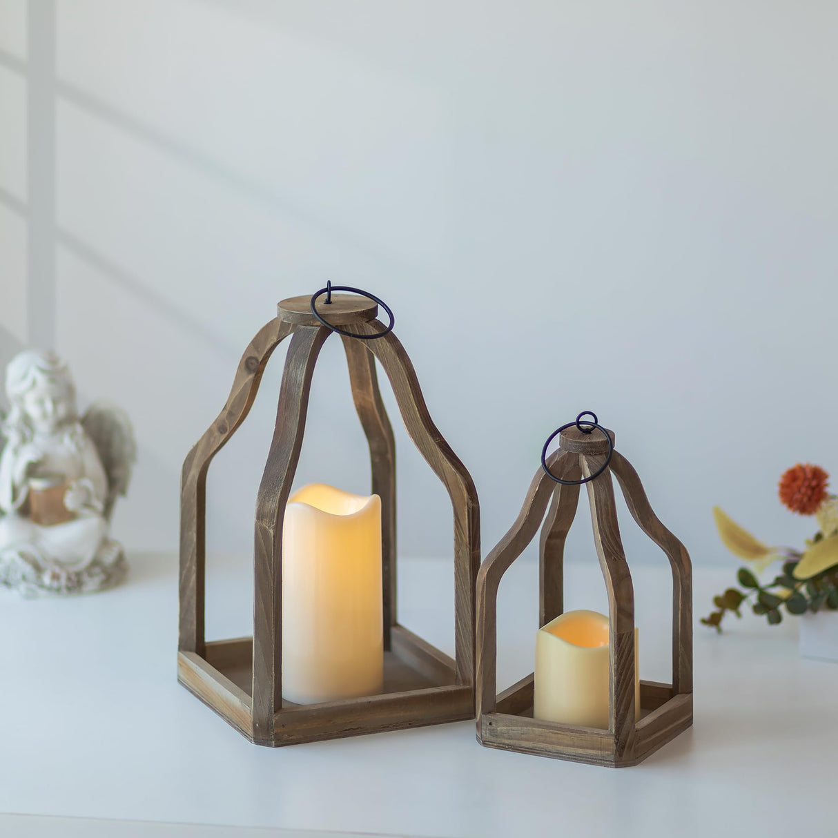 Romadedi Farmhouse Decorative Lantern Wooden - Set of 2 Rustic Wood Lanterns Candle Holder for Wedding Table Centerpieces Indoor Outdoor Fireplace Mantle Home Decor, Brown Romadedi