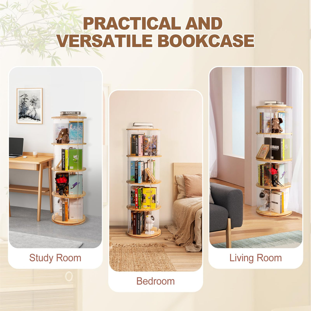 TAKEKIT 360° Rotating Bookshelf, 4-Tier Spinning Book Shelf Tower with Solid Wood & Clear Acrylic, Round Revolving Bookcase for Living Room, Bedroom and Office TAKEKIT