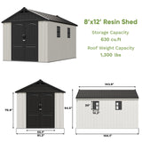 Patiowell 8x12 FT Outdoor Storage Shed, Plastic Shed Resin Garden Shed with Floor & Window & Lockable Door for Patio Furniture, Backyard Tools, Bicycles & Lawnmower, Beige Patiowell