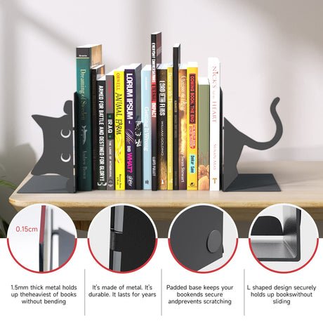 ENCIMART Book Ends Cat Decor Unique Bookshelf, Cute Metal Bookends for Shelves, Black Bookends to Hold Books for Bedroom Library Office School Book Desktop Organizer Cat Lover Gifts ENCIMART