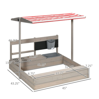 Outsunny Kids Sandbox with Canopy Adjustable, Wooden Sandbox Backyard Toy with Kitchen Playset Accessories, Outdoor Activity Gift for Girls and Boys, Ages 3-7 - WoodArtSupply