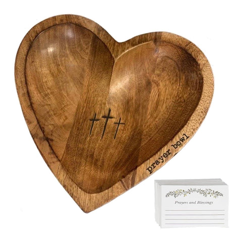 BIXMK Prayer Bowl,Prayer Bowl Wooden with Cards,Wooden Heart Prayer Bowl with Cross,Handcrafted Prayer Bowl for Women with 24 Prayer Cards,Wood Dough Bowl BIXMK