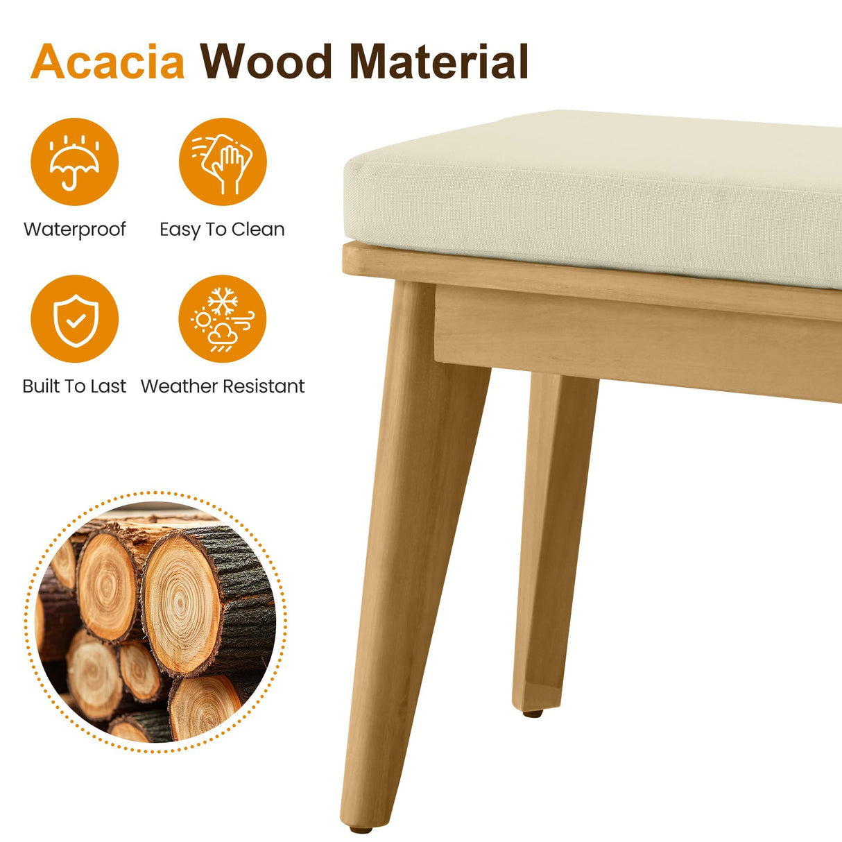 FansaFurn Backless Patio Bench, Acacia Wood Dining Bench with Cushion for Outdoor Porch, Backyard, Garden, Lawn, Beige FansaFurn