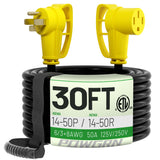 POWGRN 50 Amp RV/EV Extension Cord 30 FT Outdoor with Grip Handle, Flexible Heavy Duty 6/3+8/1 Gauge STW 4 Prong RV Power Cord Waterproof with Cord Organizer, NEMA 14-50P to 14-50R, Black-Yellow, ETL POWGRN