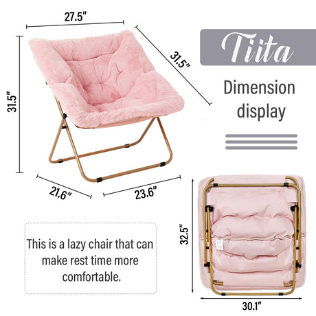 Tiita Comfy Folded Chair, Soft Faux Fur Oversized Folding Accent Chair, Lounge Lazy Chair for Kids Teens Adults, Metal Frame Moon Chair for Bedroom, Living Room, Dorm Rooms, X-Large Pink Tiita